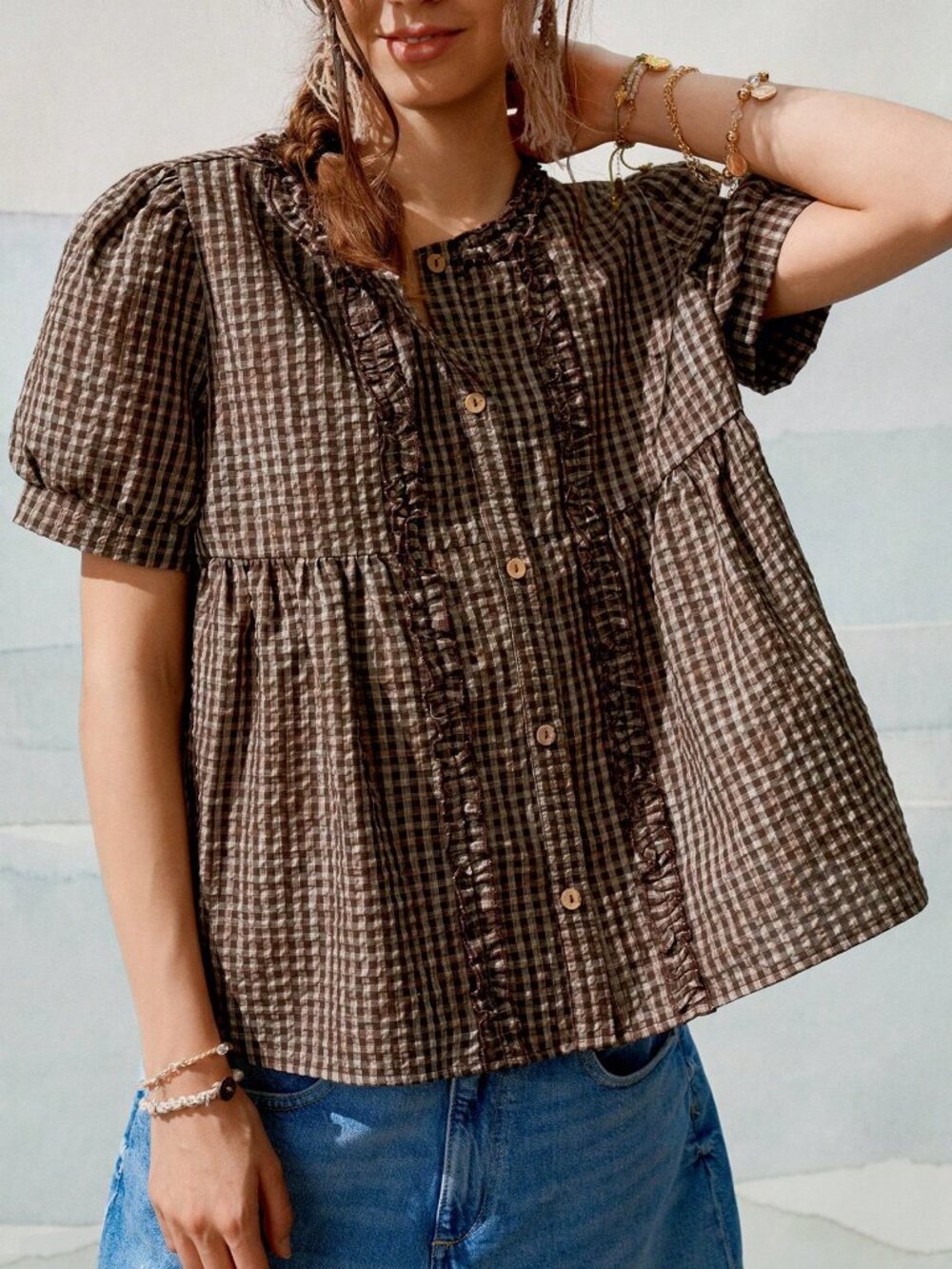 Brown Cute Women's Round Neck Gathered Frill Trim Puff Sleeve Plaid Casual Shirt